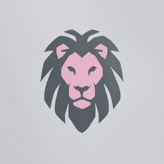 A stylized lion's head with a pink face and grey mane against a pale grey background