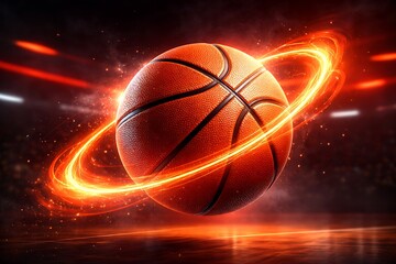 Fototapeta premium Basketball with glowing orange ring, floating in space, dynamic sports
