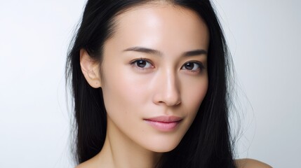 Naklejka premium Natural Beauty Portrait of Asian Woman with Clean Skin and Soft Makeup on Light Background