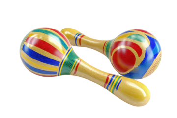 Two colorful wooden maracas with striped patterns on black background musical instrument