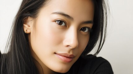 Close-Up Beauty Portrait of Asian Woman with Smooth Skin and Natural Expression