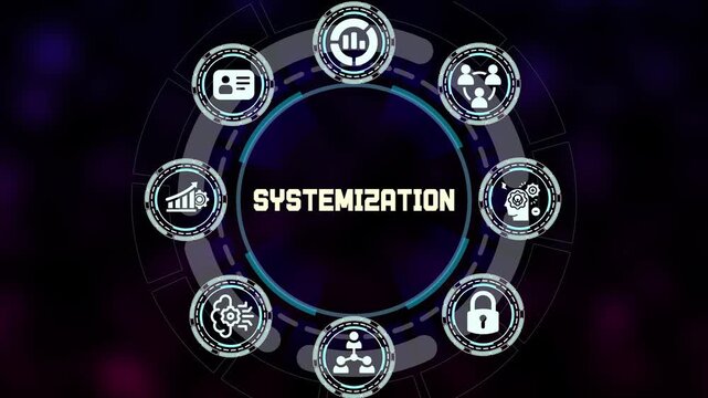 Professional Systemization background with organizational icons, structured data management, efficiency and integrated technology processes.
