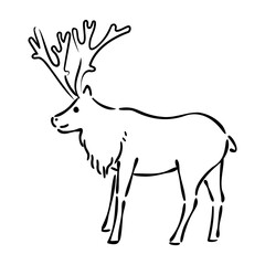 トナカイのゆるかわいい手描き線画イラスト（横向き）