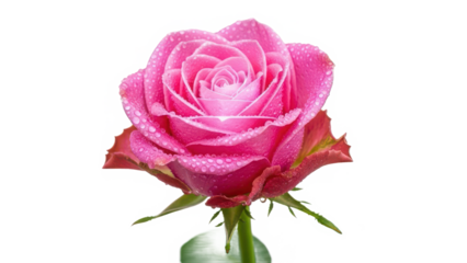 Vibrant pink rose bloom glistening with fresh dew drops on its delicate petals against a dark background isolated on transparent background