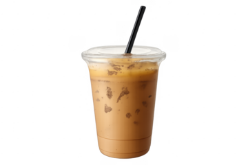 Iced coffee drink in clear plastic cup with straw