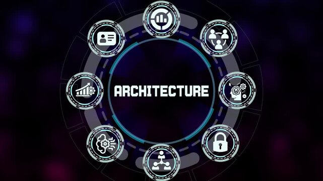  Digital System Architecture background with infrastructure icons, structural networking, framework design and cloud technology foundations.
