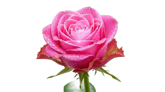Vibrant pink rose bloom glistening with fresh dew drops on its delicate petals  isolated on transparent background