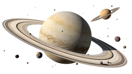 A massive ringed planet rotates, perfectly isolated in the vastness of space, with numerous moons clearly orbiting its majestic form