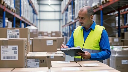 A warehouse worker checking the boxes for the concept of logistics and supply chain. - Powered by Adobe