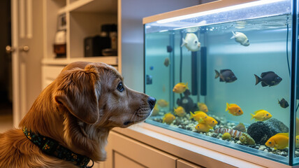 Dog intently watching fish swimming in a tank in a cozy indoor environment