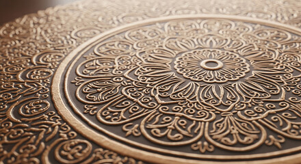 Obraz premium Close-up of round, ornate plate with golden, raised pattern on a dark background, suggestive of elegance, tradition and intricate craftsmanship