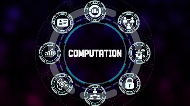  High performance Computation background with binary code elements, processor icons, digital data flow and quantum computing technology concept.