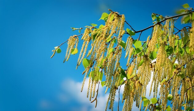 springtime birch branch blossoming against a clear blue sky - Powered by Adobe