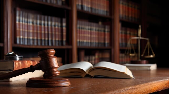 Law library interior with judge gavel and legal books