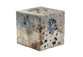 Textured concrete cube with dark and rust colored stains and air bubbles isolated on a transparent background