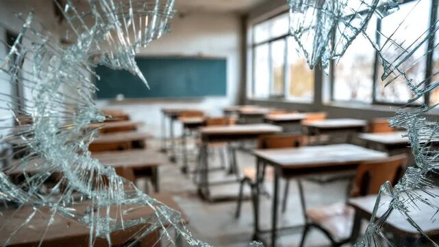 A desolate classroom viewed through a shattered window