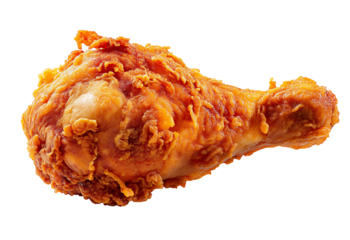 Crispy golden brown fried chicken leg with textured batter side view isolated on a transparent background