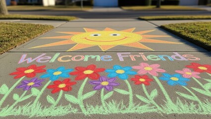 Chalk Art Welcome to Friends on Sidewalk
