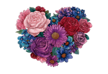 Heart shaped floral arrangement with roses and daisies in vibrant colors isolated on a transparent background