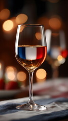 Glass of wine with  Bastille Day colors on table with blurred background, evening celebration