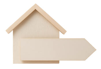 Simple wooden house shaped sign with a blank arrow pointing right isolated on a transparent background