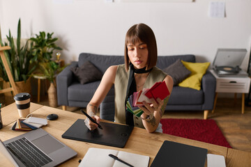 Creative woman exploring color options at home workspace during a productive day
