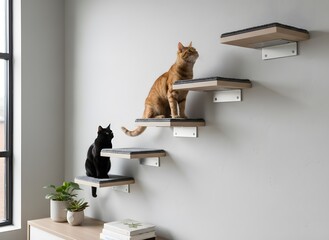 Orange and black cats on modern wall-mounted cat steps in a minimalist home interior