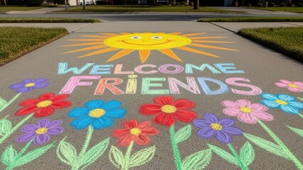 Welcome Friends Chalk Art with Sun and Flowers