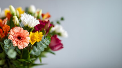Bouquet of colorful flowers in soft light on neutral background, , layout with copy space women day  