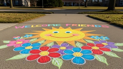 Welcome Friend Chalk Art with Sun and Flowers on Sidewalk