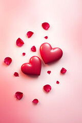 Two Red Hearts With Rose Petals Vertical Pink Background 