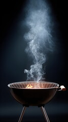 BBQ grill with smoke against dark background, dramatic contrast, design banner