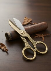 Ornate brass cigar scissors with a premium cigar and dried tobacco leaves on a dark wooden surface.