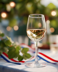 
Bastille Day wine glass with red, white and blue decoration, soft daylight, festive atmosphere