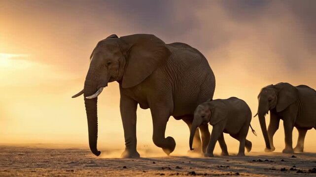 Family of African elephants walking across a dusty savanna during a golden sunset