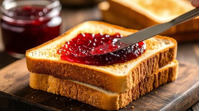 Close up of toasted bread with jam on wooden surface for food concepts