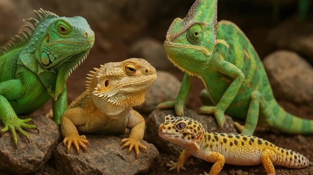 A vibrant video still of four reptiles, captured at eye level. The scene showcases their unique textures and colors in a naturalistic setting. Live desktop wallpaper.