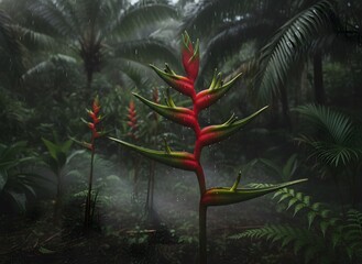 Vibrant Heliconia flower with raindrops in a lush, misty tropical rainforest