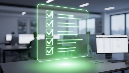 Green glowing checklist with checkmarks in an office setting