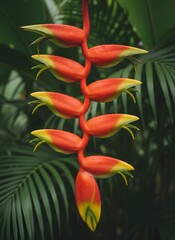 Vibrant red and yellow Heliconia flower with glistening water droplets in a lush tropical environment.