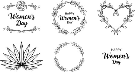 Vector Illustration of Women's Day Floral Wreath Collection: Elegant Hand-Drawn Laurel Frames, Heart & Burst Designs for March 8th Celebrations - Vector Illustration