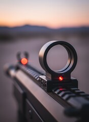 Red Dot Optical Sight on Rifle at Dusk in Desert Landscape