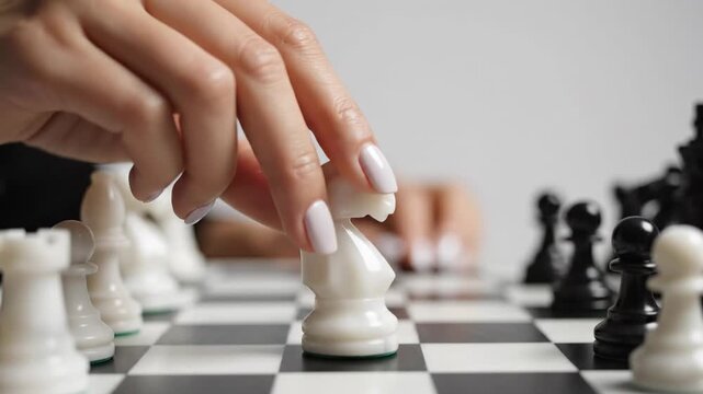 Woman Delicately Moves Piece, Lady Carefully Directs Knight With Precise And Skillful Movements, Woman Attentively And Precisely Maneuvers Chess Piece With Her Delicate Feminine Hand