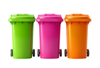 Three brightly colored plastic wheeled trash cans in green pink and orange isolated on a transparent background