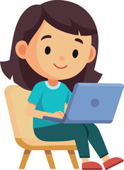 Girl Cartoon Using Laptop for Education Vector Silhouette