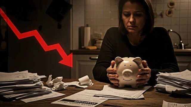 A woman holding a piggy bank and the concept of financial crisis and economic downturn.