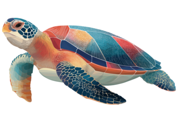 Colorful Sea Turtle with Intricate Patterns and Detailed Fins isolated on a transparent background marine life