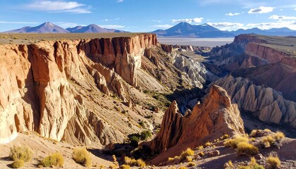 Stunning aerial landscape view of a deep canyon with colorful sedimentary formations and distant snow-capped mountains