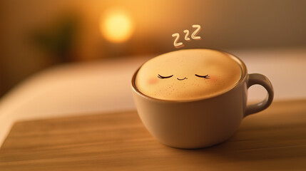 Adorable sleeping coffee cup sits warmly glowing