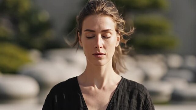 Embodying the concept of profound inner peace and mental tranquility, a serene woman finds calm through mindful self-reflection in nature